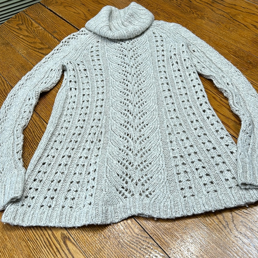 Anthropologie Light Gray Cable-Knit Turtleneck Sweater